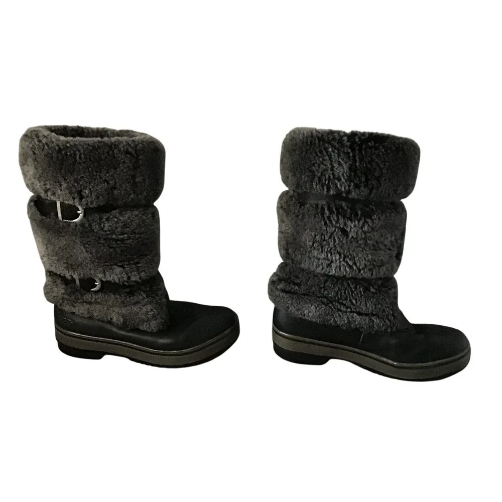 UGG Australia Black Leather Grey Shearling Buckle Mid Calf Winter‎ Boots Womens